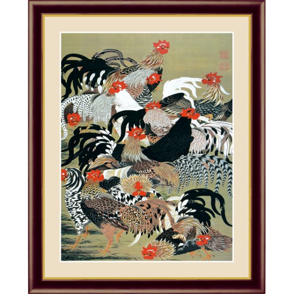 画像1: アート額絵 伊藤若冲 F6サイズ 群鶏図 名画のある暮らしを・・・。オリジナル画布と一部手彩による本物の質感 (1)