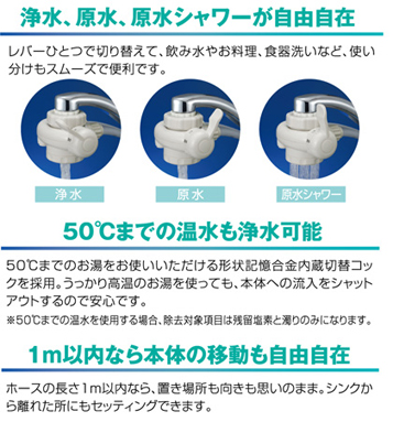 ★高性能ろ過材により、リハロメタン、鉛などの有害物質を強力に除去。★50℃までの温水も浄水可能。★ホースの長さも1ｍ以内なら、移動も自由自在。★カートリッジ交換も簡単。☆浄水、原水、原水シャワーがレバーひとつで切り替えて、飲み水やお料理、食器洗いなど、使い分けもスムーズ